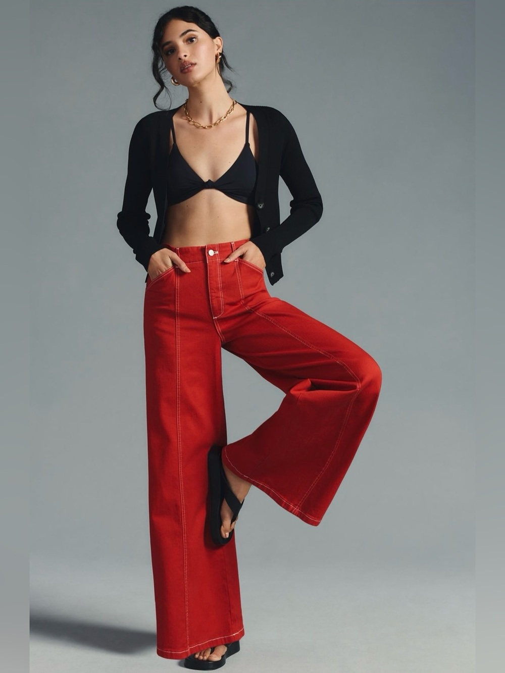 Maeve Anthropologie Seamed High Rise Wide Leg Jeans Red Wine Contrast Stitch 30